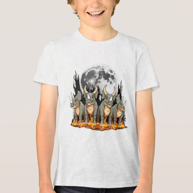 Epic Triceratops Dinosaur – Fiery Moonlight Prehis Tri-Blend Shirt (Front)