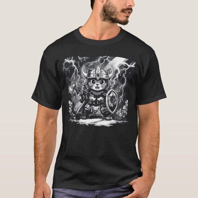 Epic Viking Cat Warrior with Axe & Shield T-Shirt (Front)