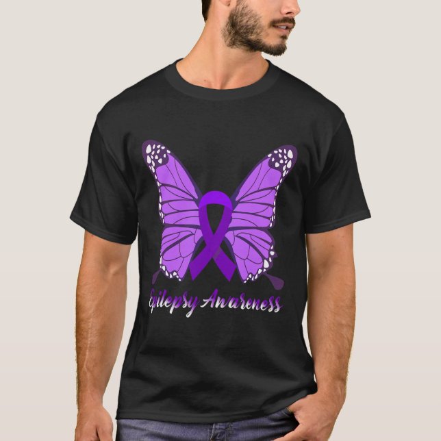 Epilepsy Awareness Butterfly Purple Ribbon Epileps T-Shirt (Front)