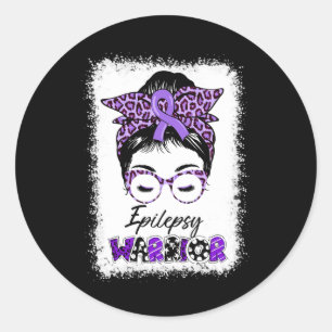 Epilepsy Awareness Messy Bun Warrior Leopard Banda Classic Round Sticker