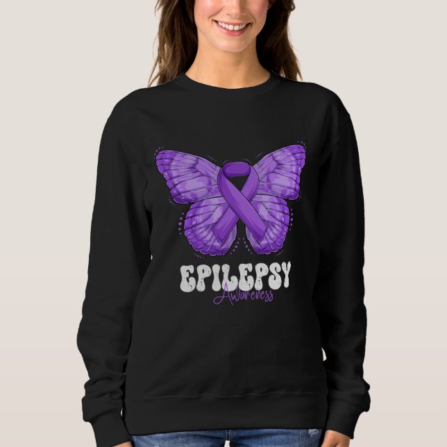 Epilepsy Awareness Month Purple Ribbon Butterfly Sweatshirt (Front)