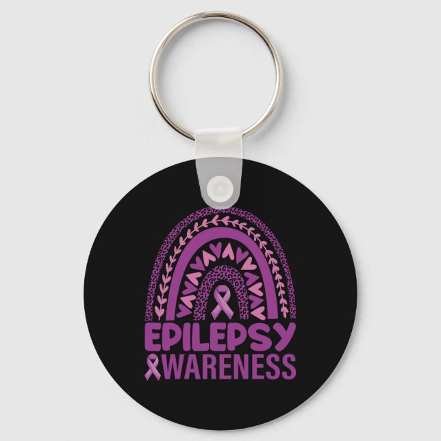 Epilepsy Awareness Rainbow Purple Ribbon Men Women Key Ring (Front)