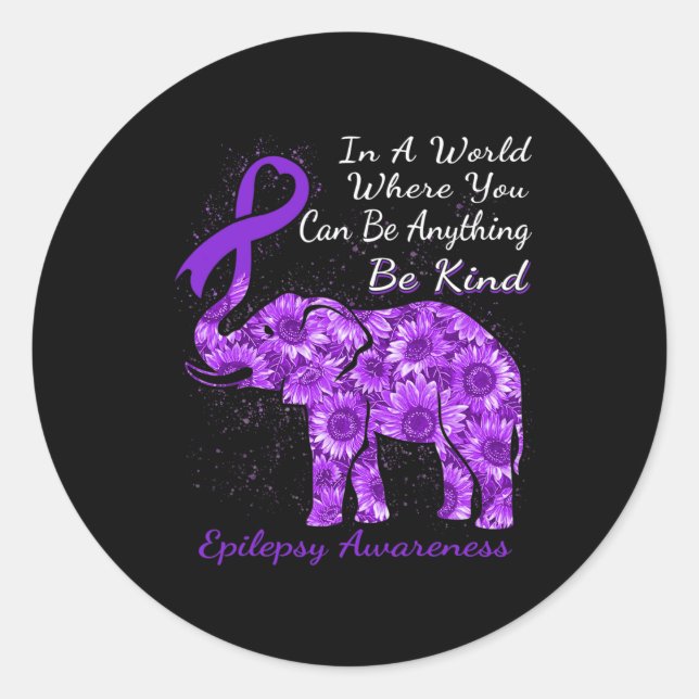 Epilepsy Awareness Sunflower Elephant Be Kind  Classic Round Sticker (Front)