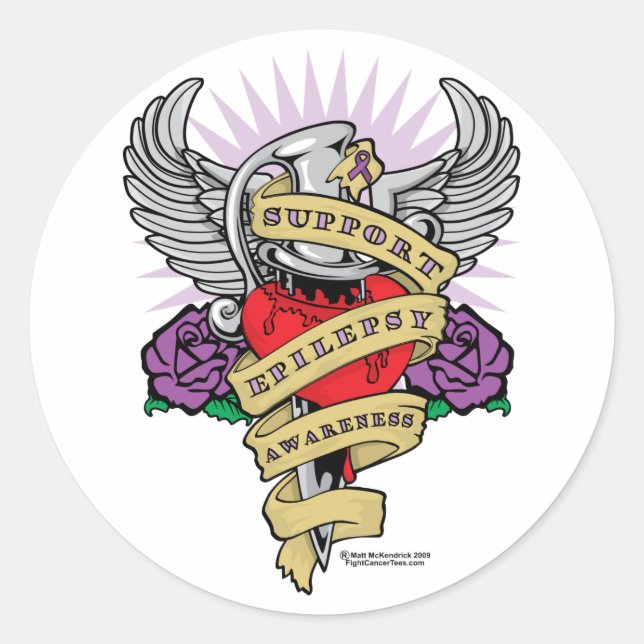 Epilepsy Dagger and Heart Tattoo Classic Round Sticker (Front)