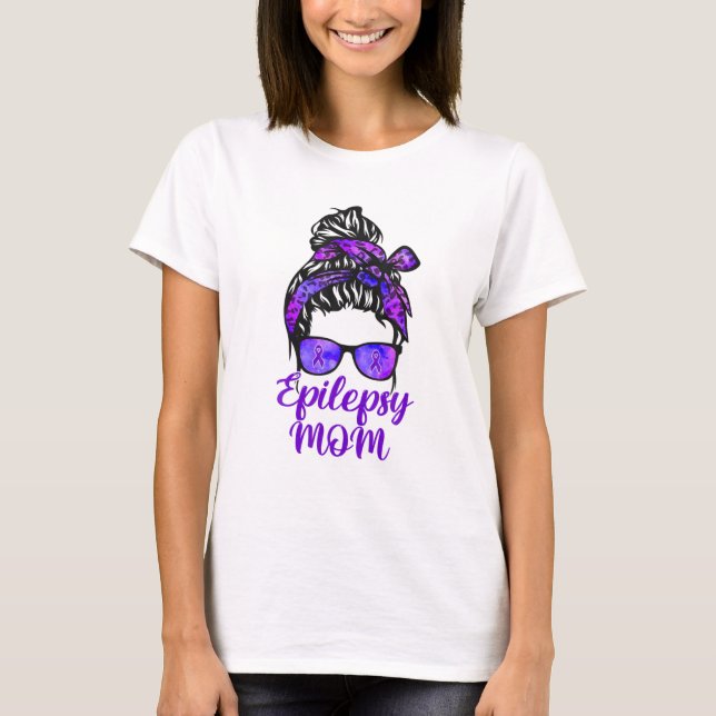 Epilepsy Mum Messy Bun Hair Glasses Bandanna Purpl T-Shirt (Front)