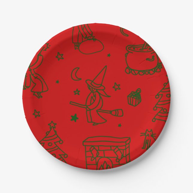 epiphany christmas witch befana red paper plate (Front)