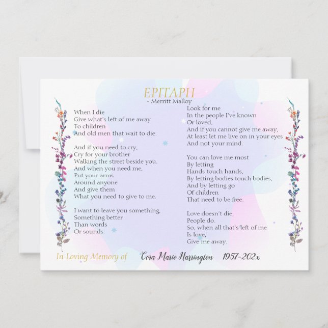 Epitaph Poem Watercolor Memorial Flat Card (Front)