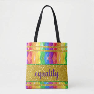 Equality glitter rainbow gay pride argyle tote bag