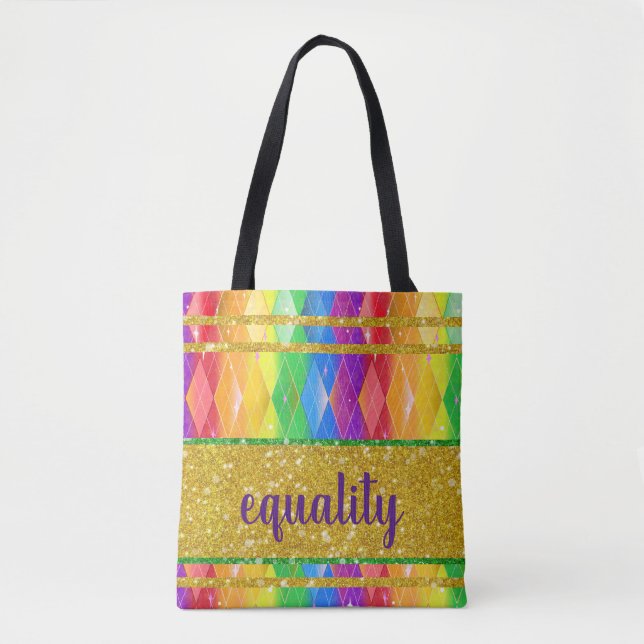 Equality glitter rainbow gay pride argyle tote bag (Front)