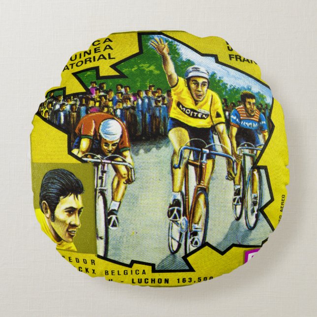 Equatorial Guinea Cyclists Historical Stamp Round Cushion (Front)