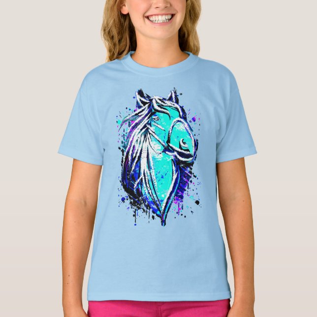 Equestrian - Blue Horse Drawing - Horseback riding T-Shirt (Front)