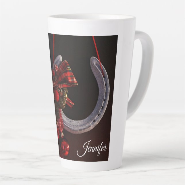 Equestrian Christmas Hanging Horseshoe Photo Latte Mug (Right Angle)