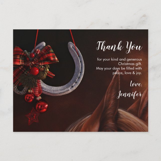 Equestrian Christmas Hanging Horseshoe Thank You Postcard (Front)