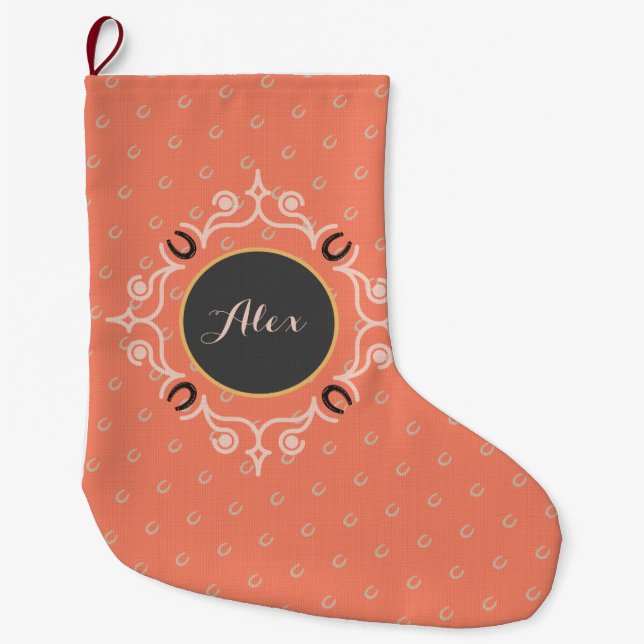 Equestrian Monogram Lucky Horseshoe Pattern Large Christmas Stocking (Front)