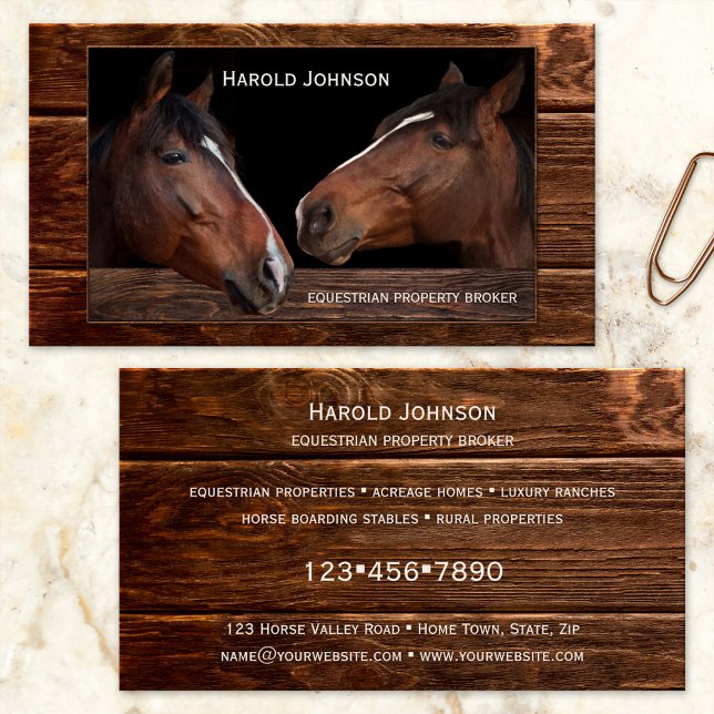 Equestrian Property Broker Horses Business Card (Business card with a funny image of two horses on a dark wood background)
