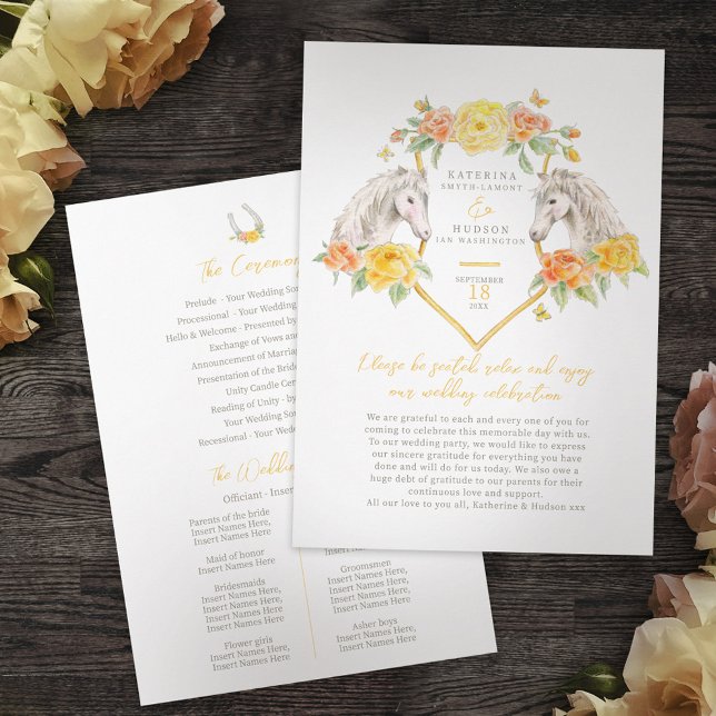 Equestrian yellow rose watercolor wedding program programme (Creator Uploaded)