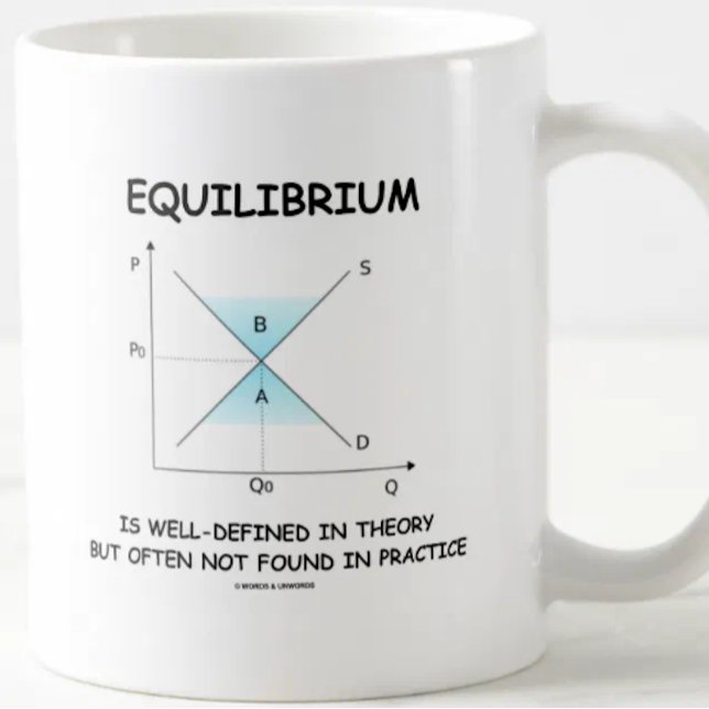 Equilibrium Is Well-Defined In Theory Not Often Coffee Mug (Econ attitude is alive and well on this supply-and-demand curve mug featuring equilibrium humor!)