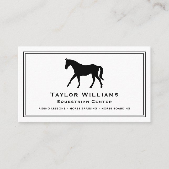 Equine Equestrian Riding Horse Trainer Black White Business Card (Front)