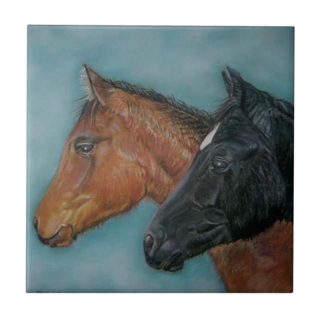 equine painting of black foal chestnut brown foal tile (Front)