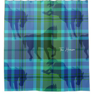 Equine Personalised blue & green preppy plaid Shower Curtain
