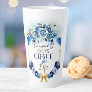 Equipped by God's Grace Elegant Blue Gold Floral Latte Mug