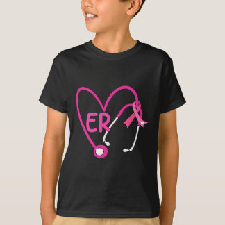 Er Heart Stethoscope Pink Ribbon Breast Cancer Er  T-Shirt
