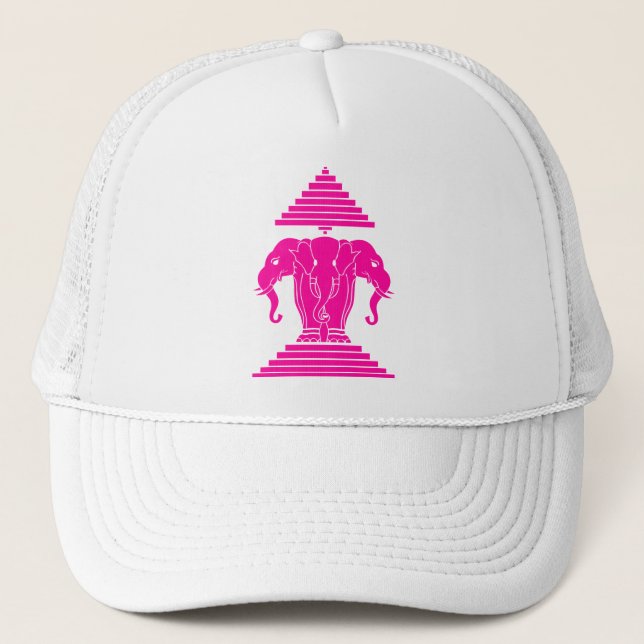Erawan Pink Three Headed Elephant Lao / Laos Flag Trucker Hat (Front)