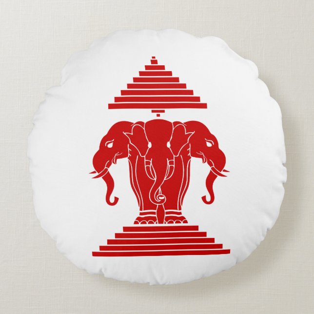 Erawan Three Headed Elephant Lao / Laos Flag Round Cushion (Front)