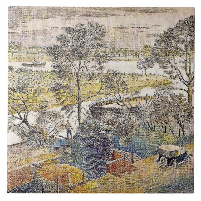 Eric Ravilious art, River Thames, Chiswick Eyot Tile (Front)
