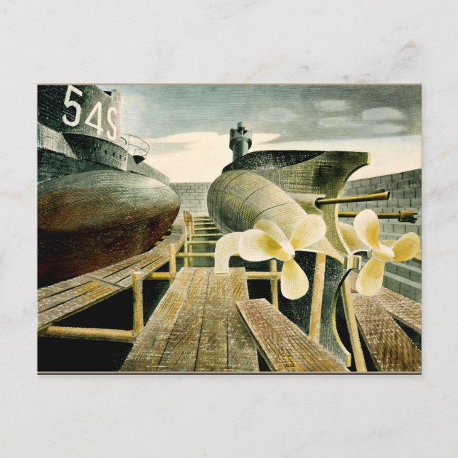 Eric Ravilious art, Submarines in Dry Dock Postcard (Front)