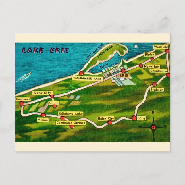 Erie Pennsylvania Vintage Map Postcard (Front)