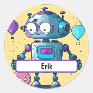 Erik the Brainy Bot With Custom Nametag  Classic Round Sticker