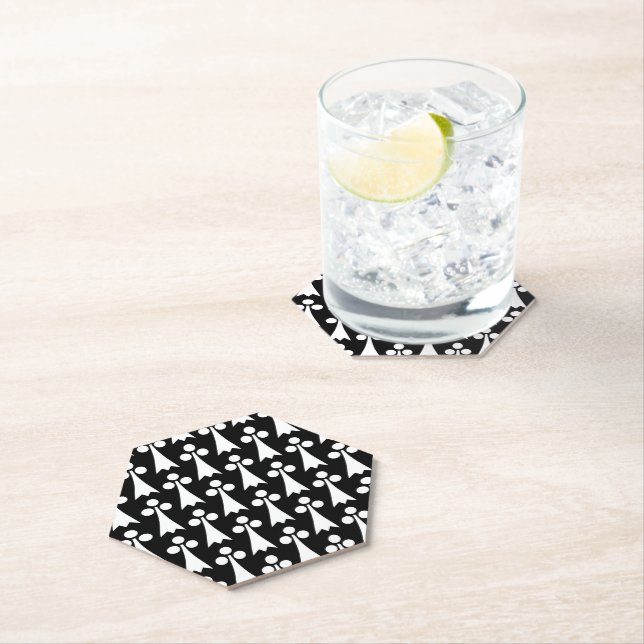 Ermine Pattern, Mediaeval Pattern, White on Black Paper Coaster (Insitu)