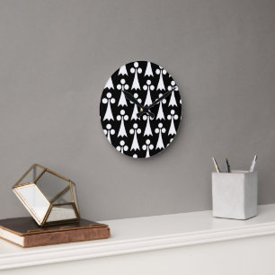 Ermine Pattern, Mediaeval Pattern, White on Black Round Clock