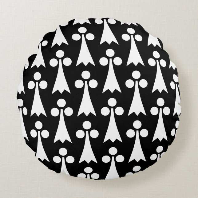 Ermine Pattern, Mediaeval Pattern, White on Black Round Cushion (Front)