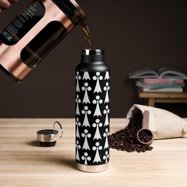 Ermine Pattern, Mediaeval Pattern, White on Black Water Bottle (Coffee)