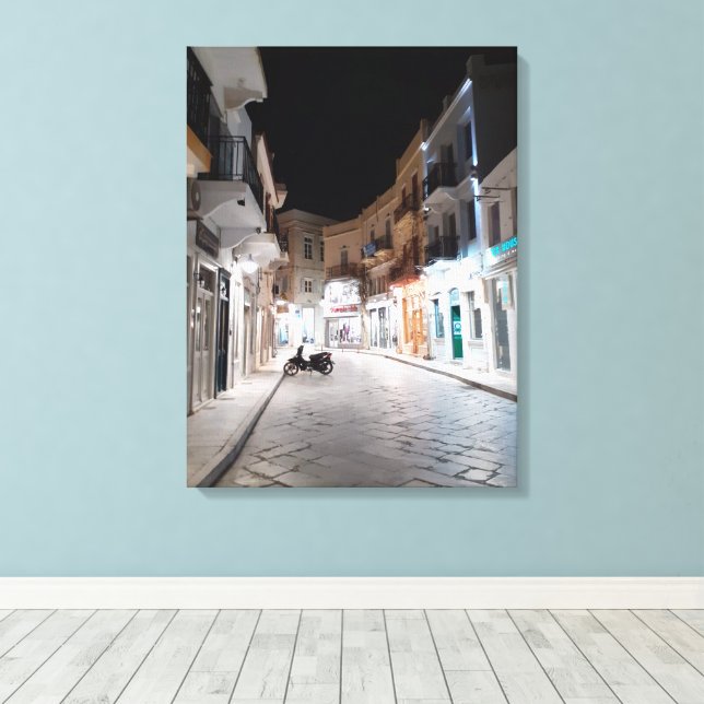 Ermopouli, Syros, shopping street at night Canvas Print (Insitu(Wood Floor))