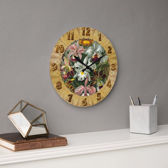 Ernst Haeckel Art Print:Orchidae Oncidiums, tulips Large Clock (Office)