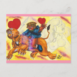 Eros riding Lion Princess watercolor love 3 Holiday Postcard