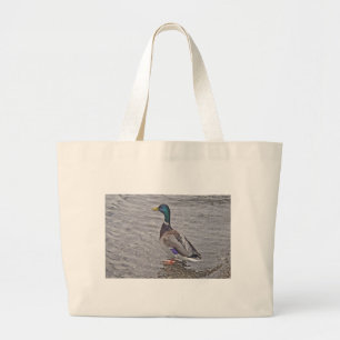 Erpel steht im grauen Wasser Large Tote Bag