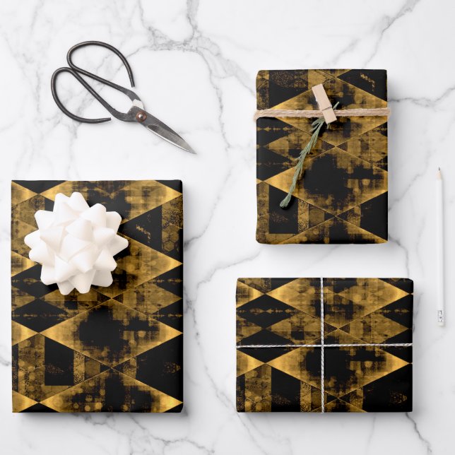 Erratic Gold and Black Diamond Wrapping Paper Sheet (Front)
