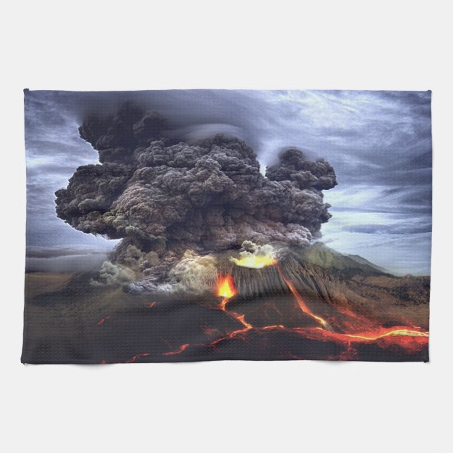 Erupting Volcano on Mountain Tea Towel (Horizontal)