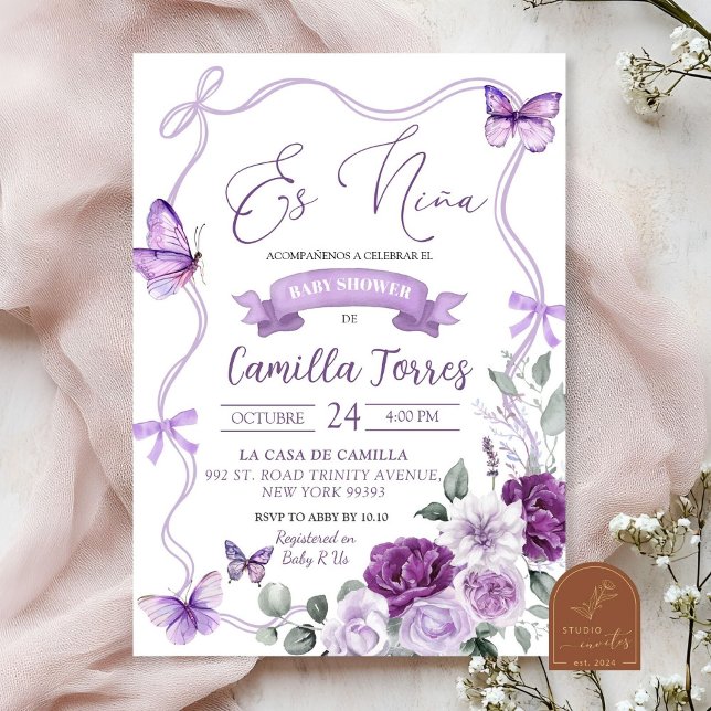 Es Nina Floral Lilac Purple Bow Baby Shower  Invitation (Creator Uploaded)
