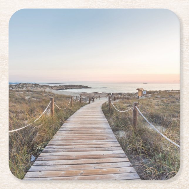 Es Pujols Beach at Dawn Square Paper Coaster (Front)