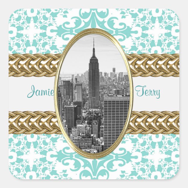 ESB 01 Lt Blue Damask Gold Chain Square Sticker (Front)