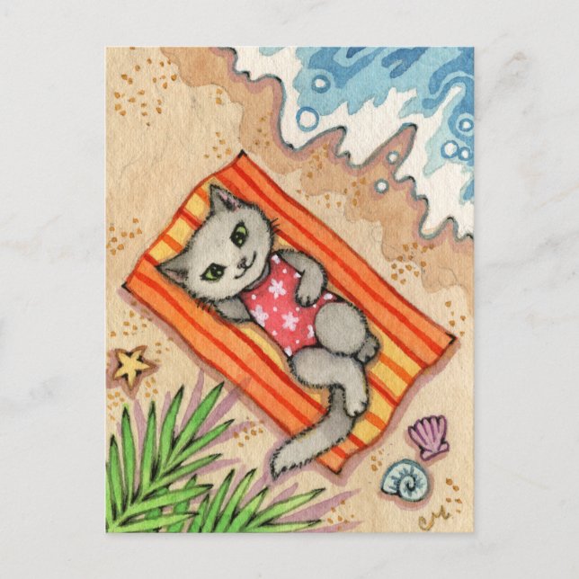 Escape - Cute Beach Cat Art Postcard (Front)