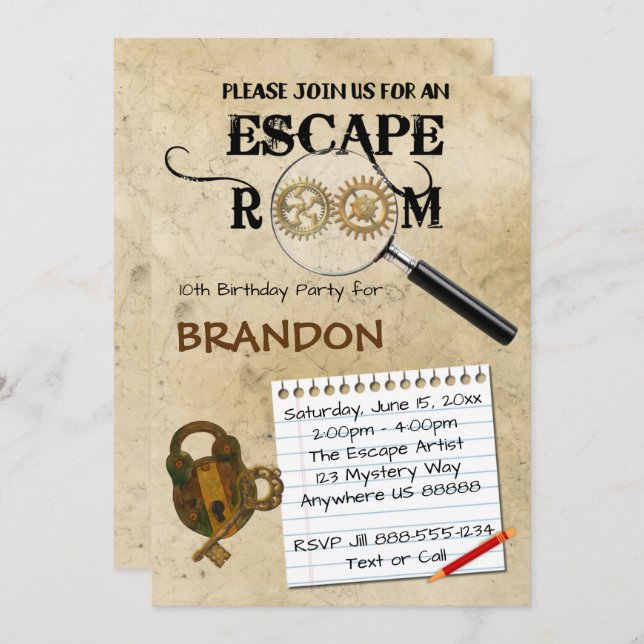 Escape Room Birthday Invitation (Front/Back)
