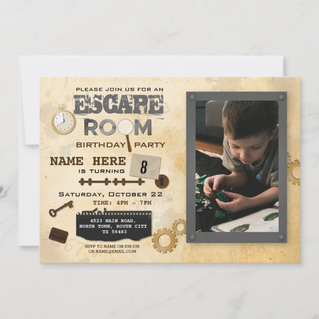 Escape Room Birthday Party Photo Clues Spy Invitation (Front)
