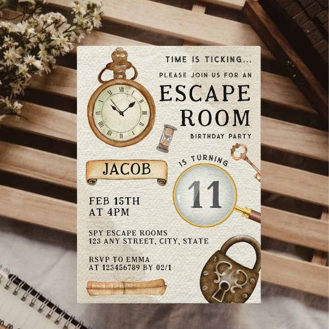 Escape Room Kid's Birthday Party Invitation (Escape Room Kid's Birthday Party Invitation Spy Detective Puzzle Solve the Case Unique )