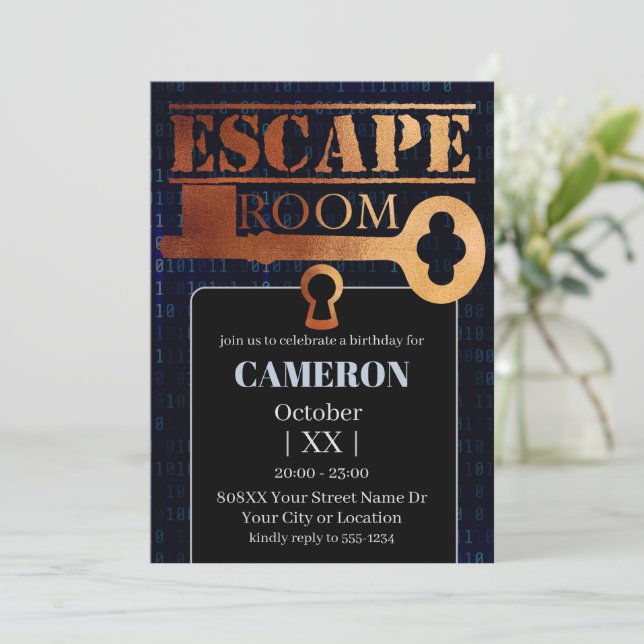 Escape Room Party Lock and Key Binary Code Black Invitation (Standing Front)